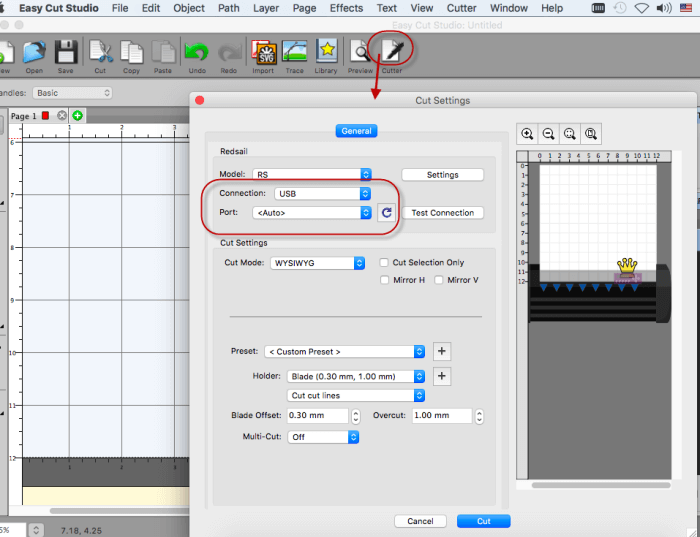 Cut Settings window